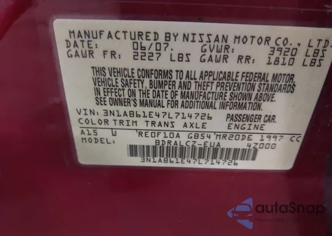 2007 Nissan Sentra 2.0 from USA, damaged, VIN 3N1AB61E47L714726